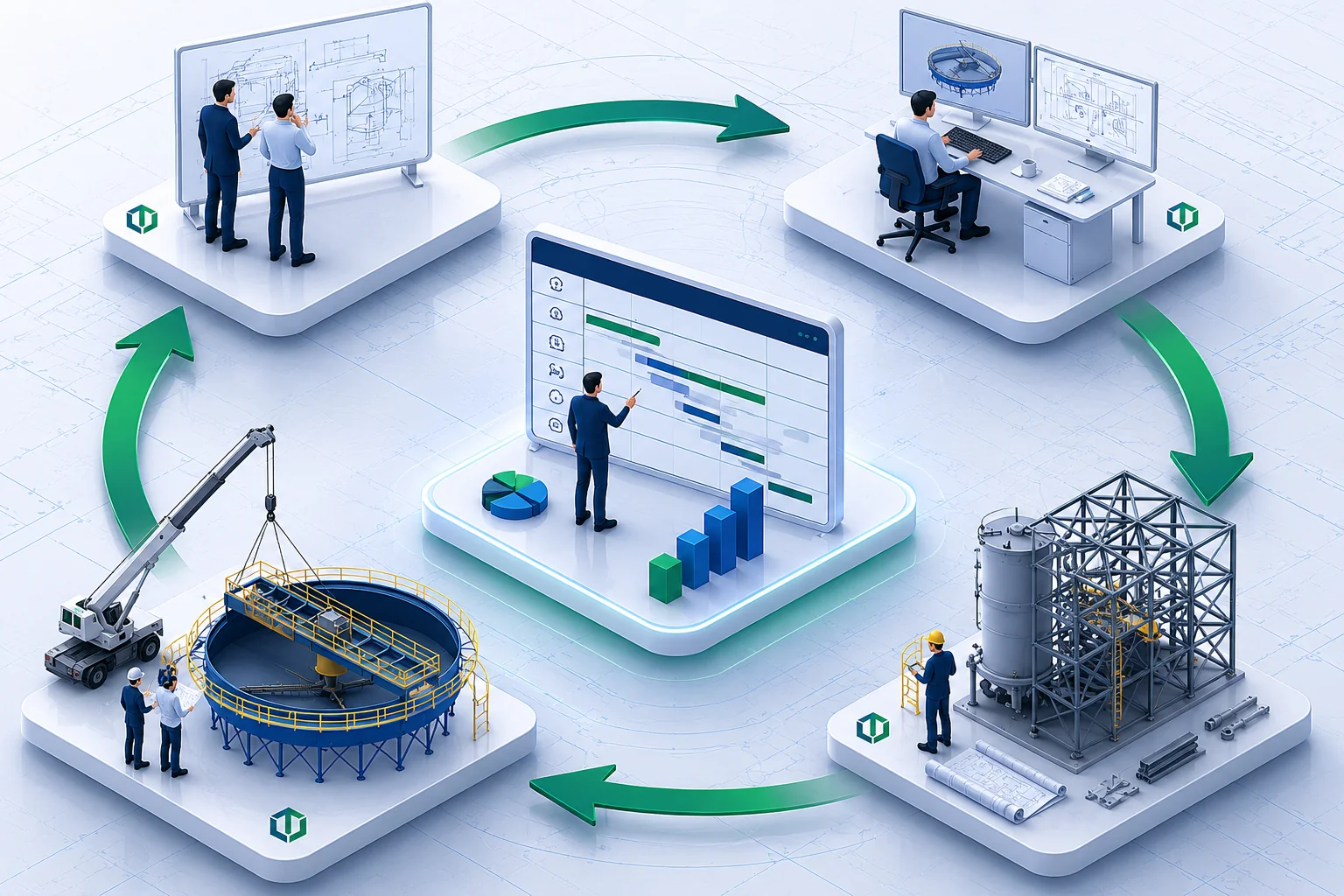LOEN's industrial project management process: definition, engineering, planning, manufacturing, assembly and commissioning